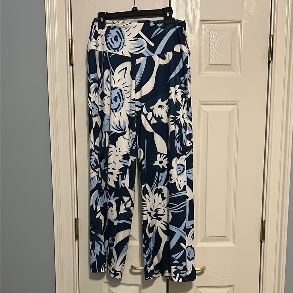 Blue and White Wide Leg Pants with Artistic Print